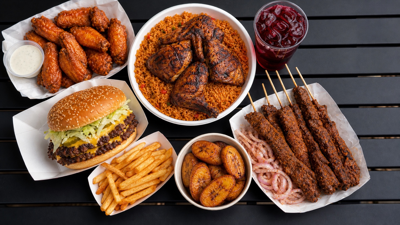 A spread of Nigerian and American food on one table